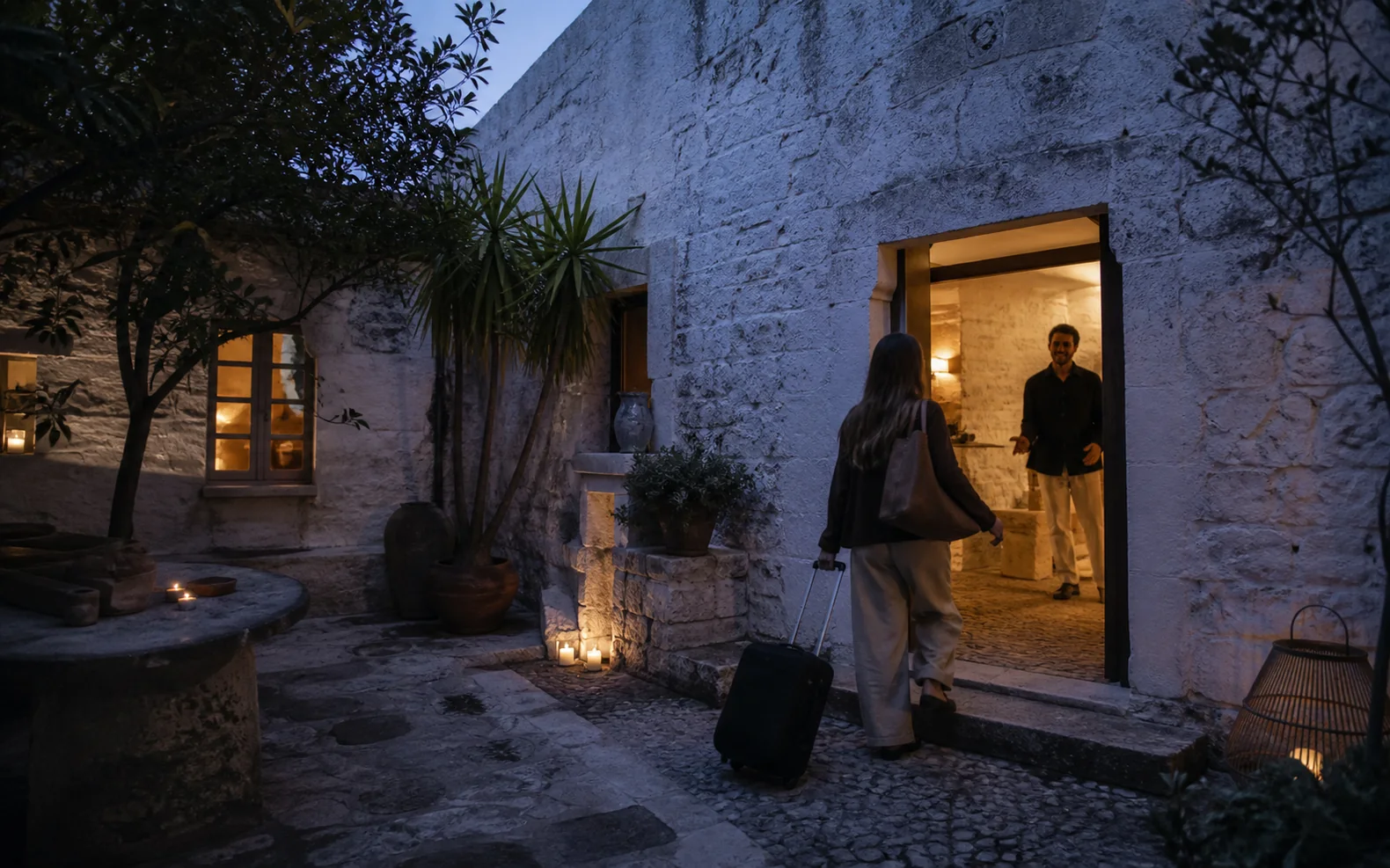 A traveller arriving with luggage at the warmly lit entrance of an independent hotel