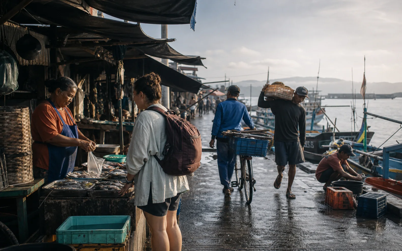 A traveller speaking with a local seafood vendor at a working coastal market